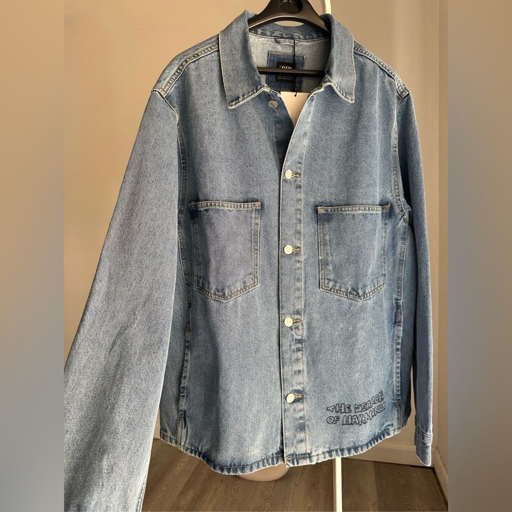 Zara Printed Denim Mens Jacket Overshirt Mashrooms NWT Large Measurements - Picture 2 of 4